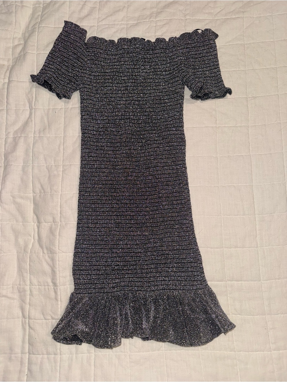 Olivaceous One-Shoulder Metallic Ribbed Dress in Black and Silver